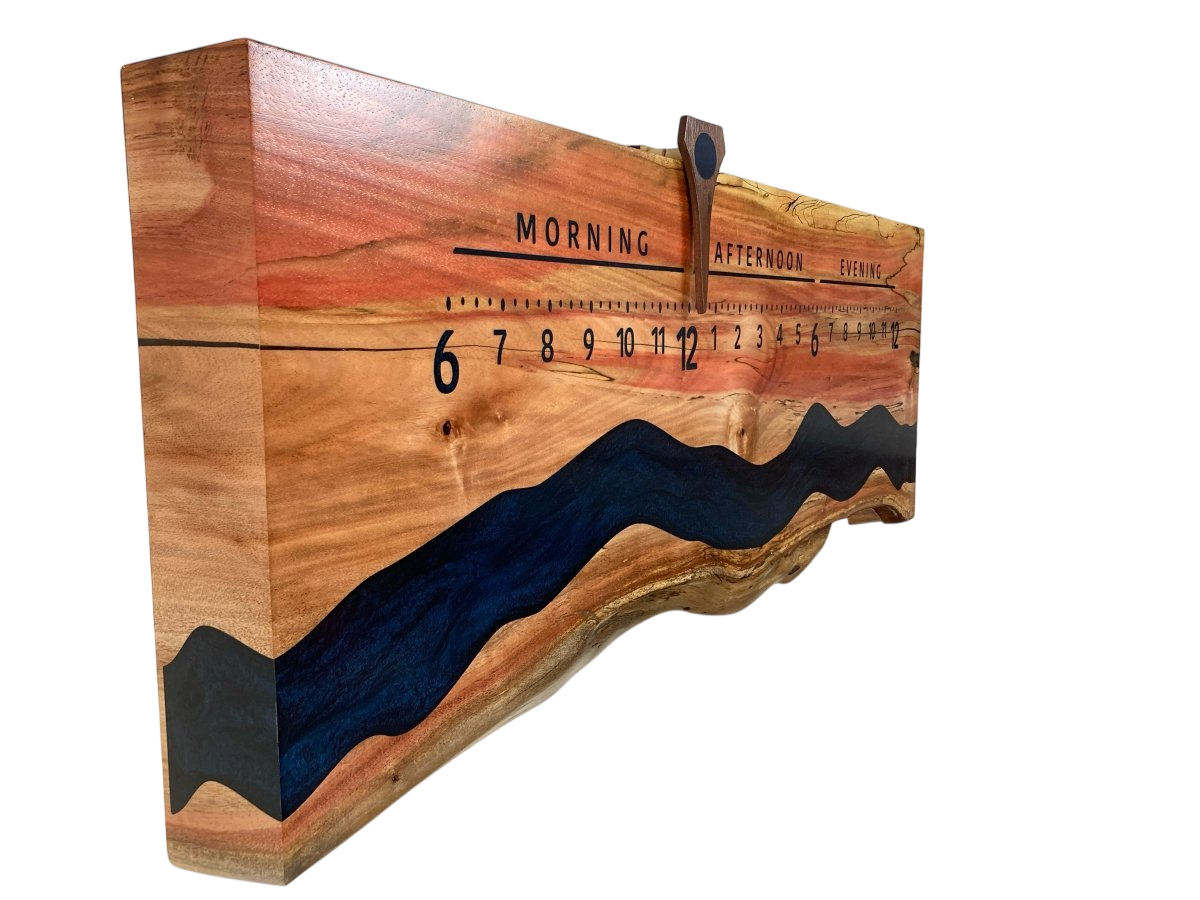 Rio: 3 - foot Flaming Box Elder Riverclock - Linear Clockworks